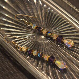 Vintage Handmade Swarovski Crystal Purple & Iridescent Beaded Dangle Earrings